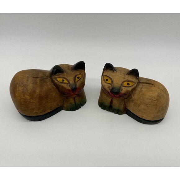 Vintage Handmade Carved Wood Cat Figurines Folk Art Kitschy Weirdos Retro - Picture 1 of 10